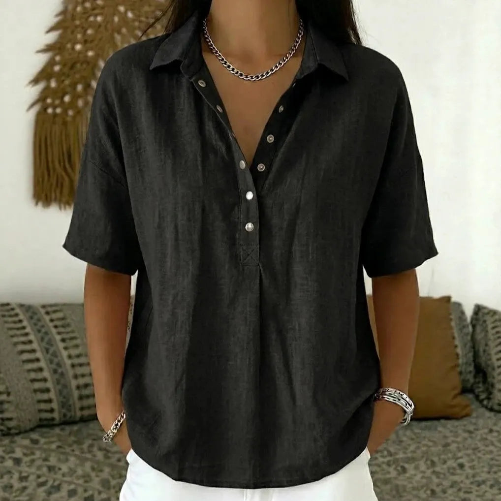 Solid Color Lapel Half-Button Short Sleeve Blouse