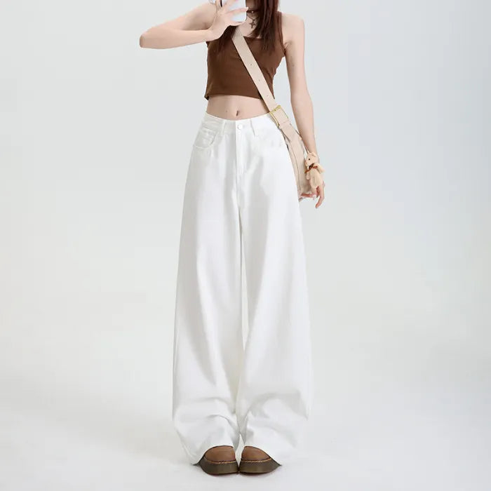 High Waist Non-Stretch Retro White Wide Leg Denim Pants