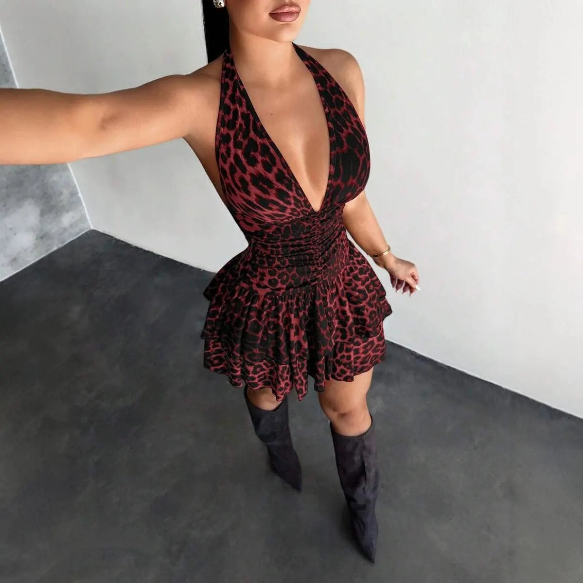 Leopard Print Deep V-Neck Halter Ruched Ruffle Mini Dress