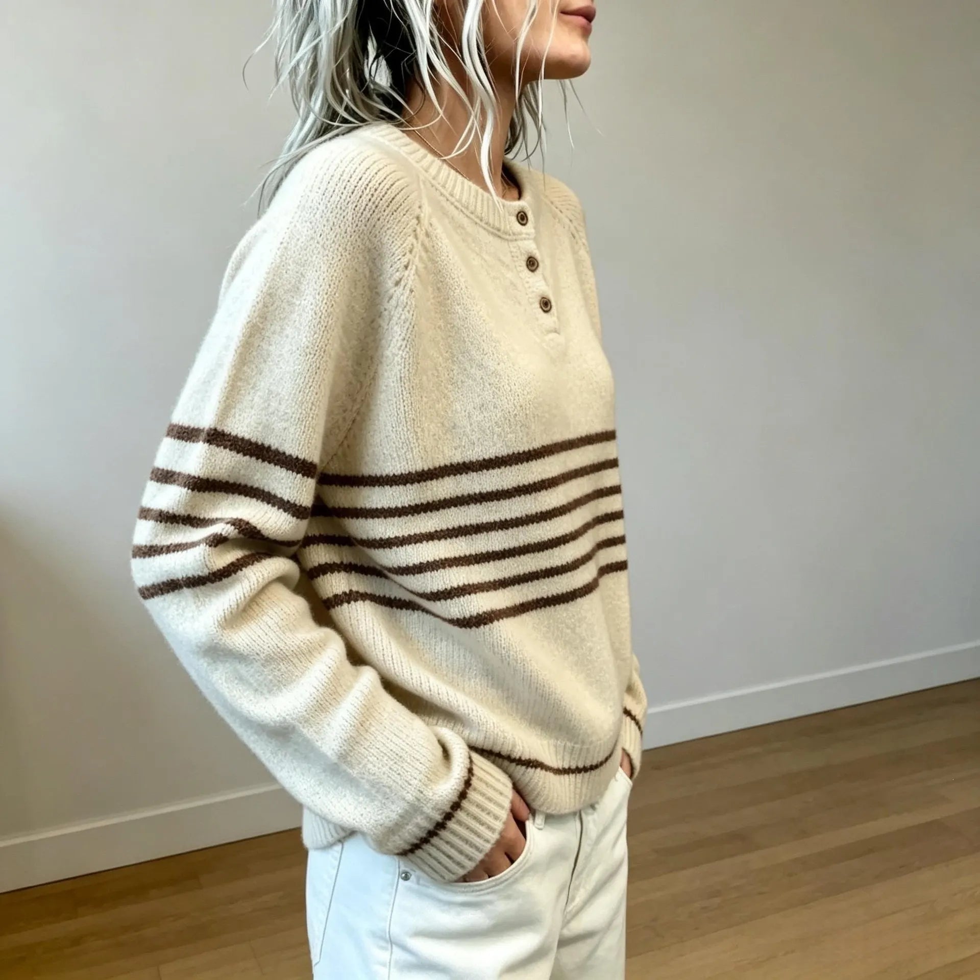 Striped Henley Neck Pullover Sweater