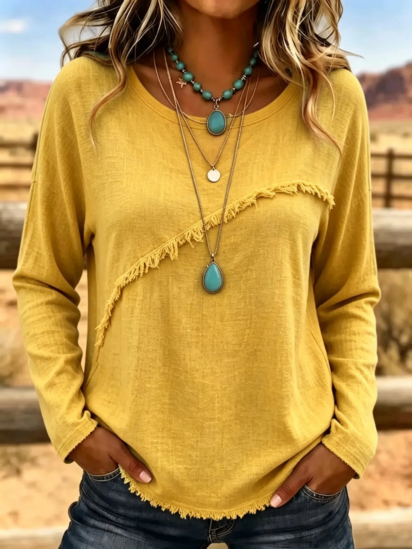 Crew Neck Diagonal Fringe Spliced Long Sleeve Polyester Casual Top