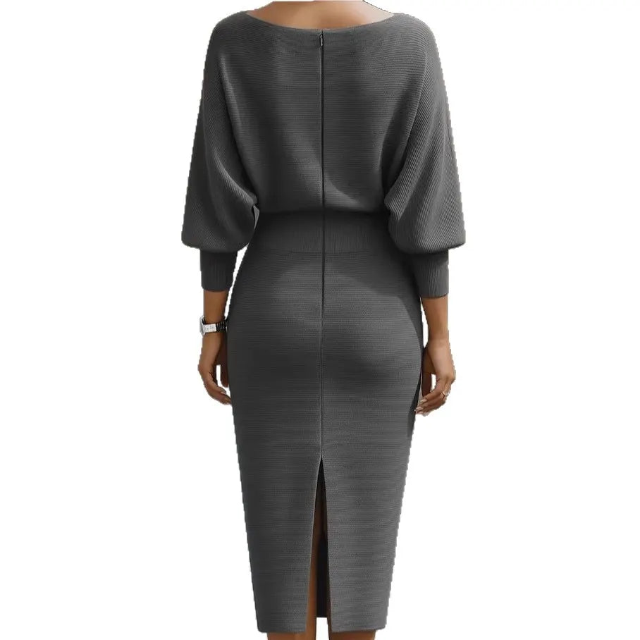 White Boat Neck Batwing Sleeve High-Waisted Knitted Midi Dress