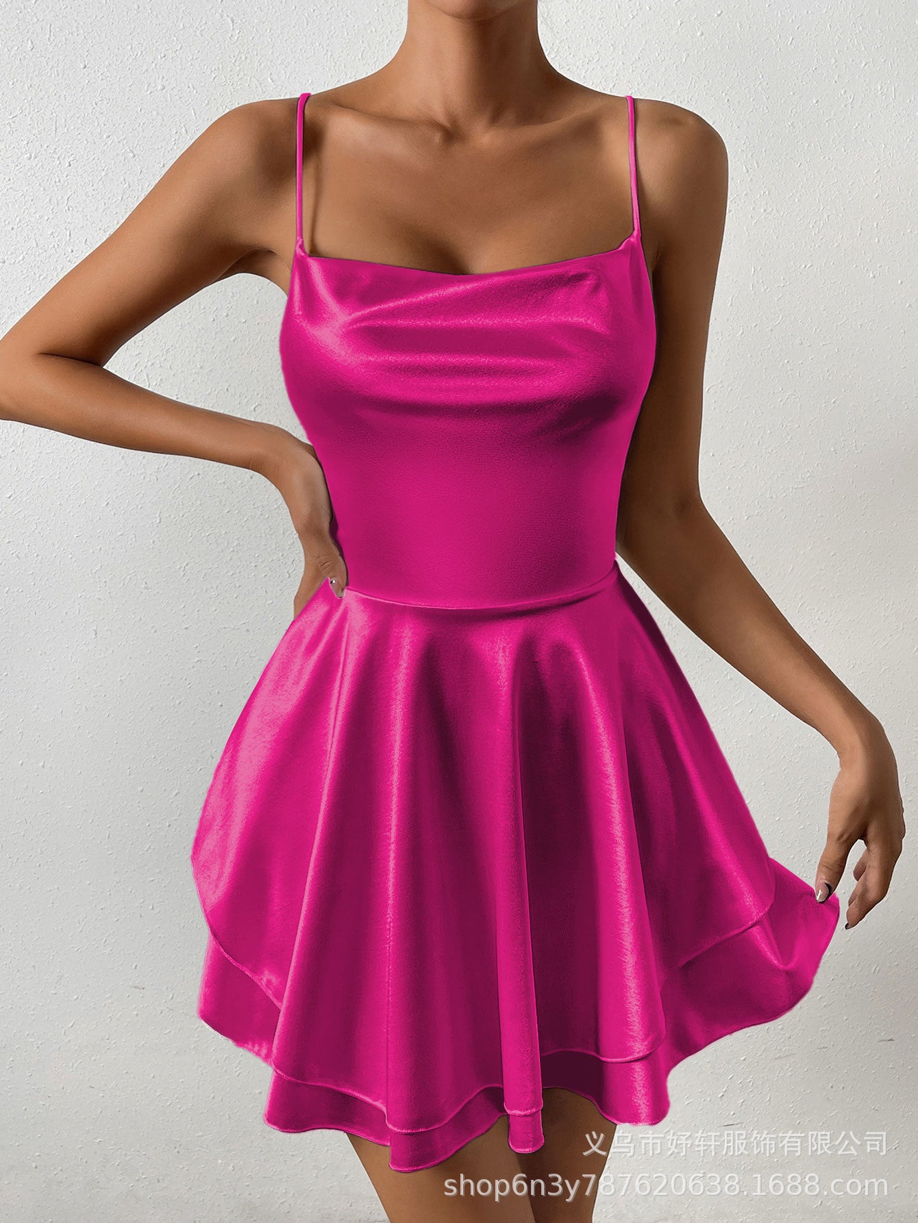 Square Neck Satin Spaghetti Strap Mini Dress
