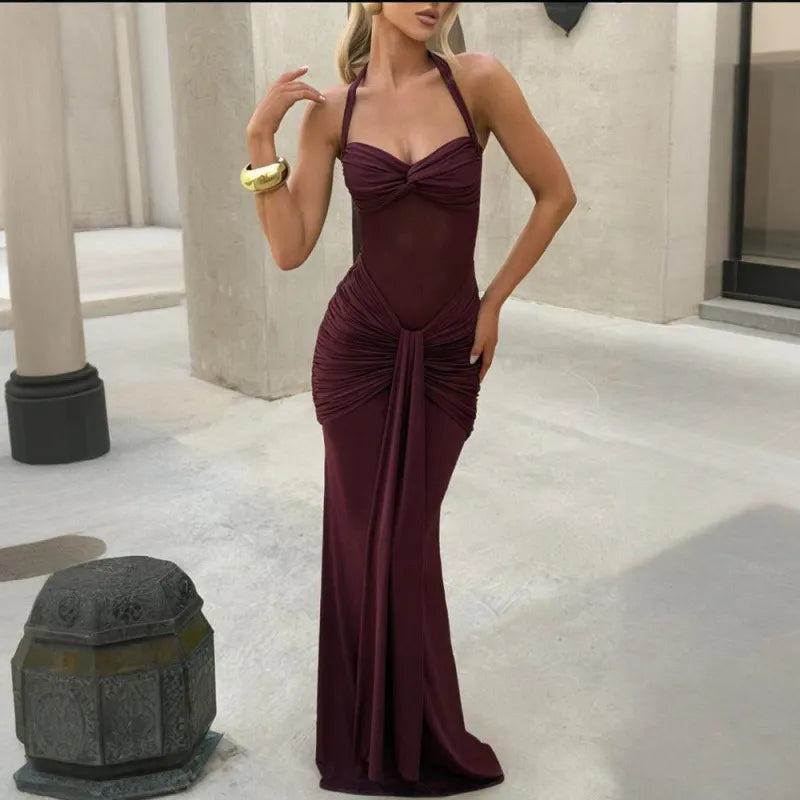 Burgundy Halter Mesh Cutout Mermaid Maxi Dress