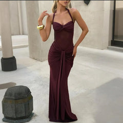 Burgundy Halter Mesh Cutout Mermaid Maxi Dress