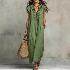 Woven Green Ruffle V-Neck Loose Maxi Dress