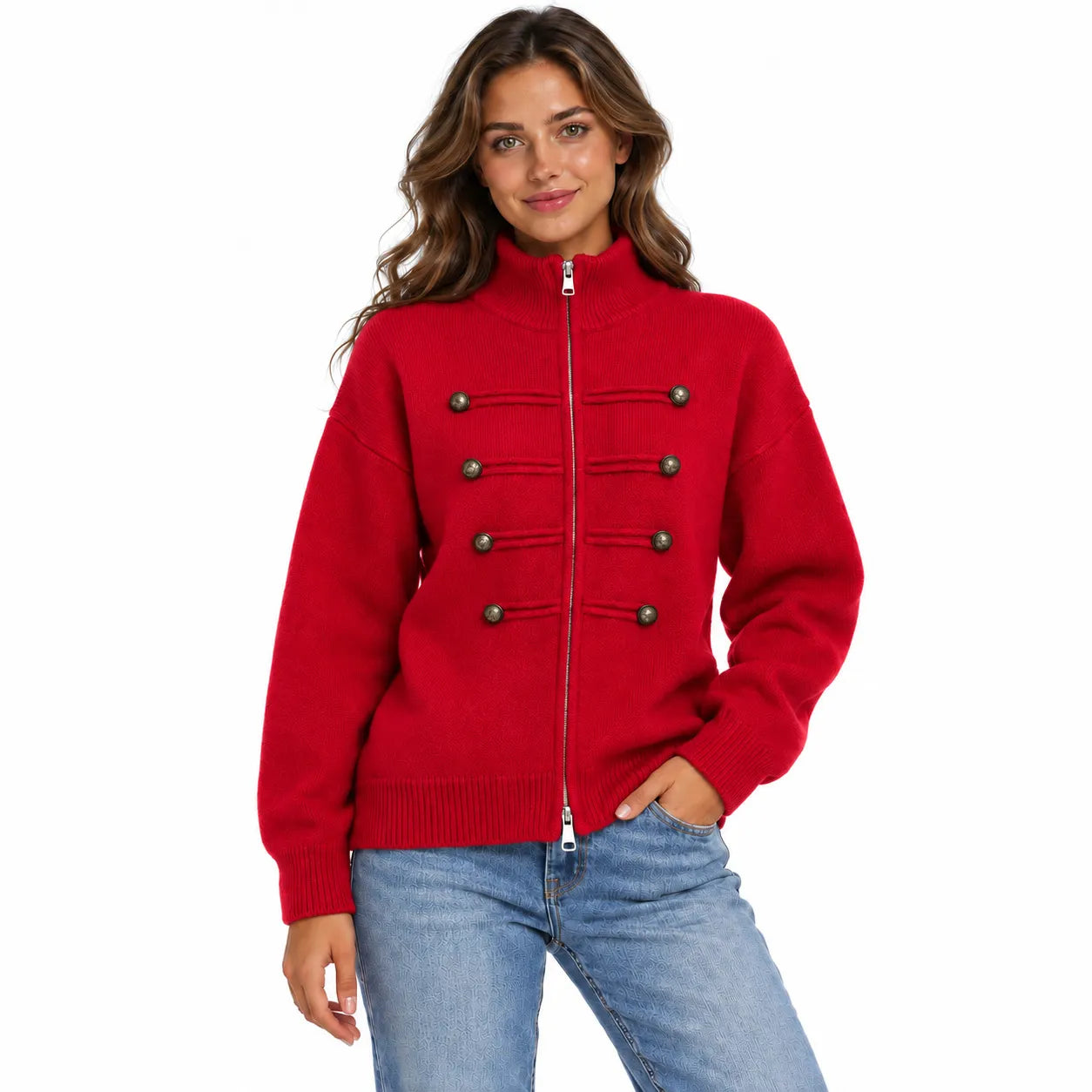 Stand Collar Zip Up Knit Cardigan, Double Breasted Decorative Button Sweater Jacket