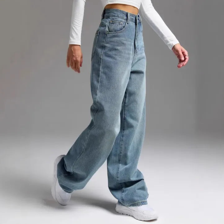 High Waist Stone Washed Blue Slight Stretch Wide Leg Long Denim Jeans