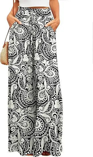 Boho Geometric Leaf Print Drawstring High Waist Non-Stretch Chiffon Loose Wide Leg Long Casual Pants