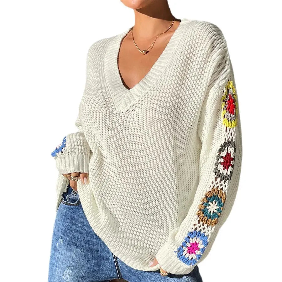 V‑Neck Loose Pullover Sweater With Crochet Floral Sleeve