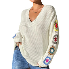 V‑Neck Loose Pullover Sweater With Crochet Floral Sleeve