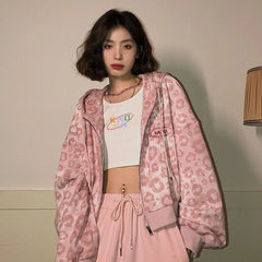 Y2K Pink Leopard Print Cropped Zip Up Hoodie Long Sleeve Crop Sweatshirt