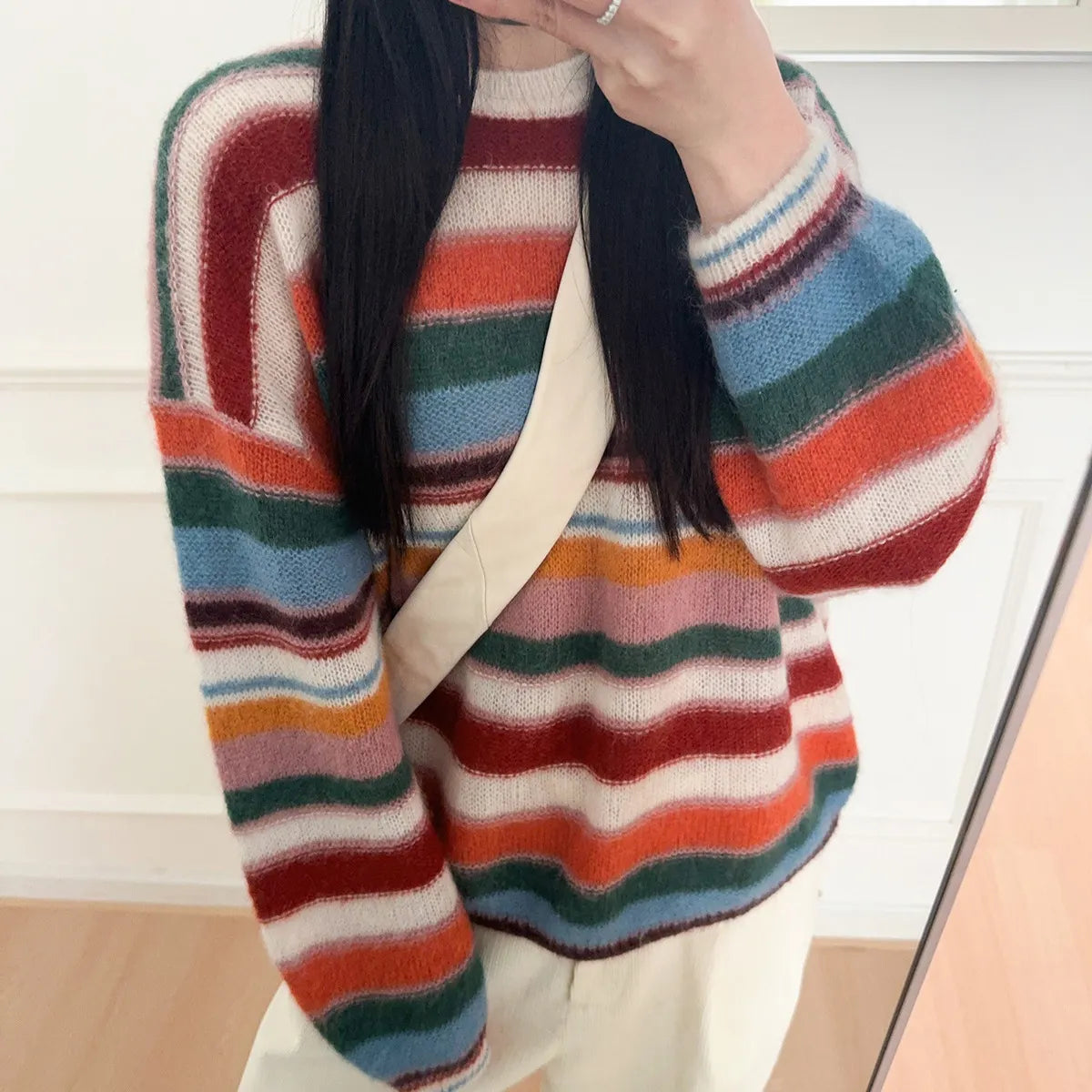 Crew Neck Rainbow Stripe Knit Pullover Sweater