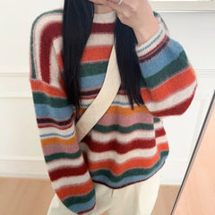 Crew Neck Rainbow Stripe Knit Pullover Sweater