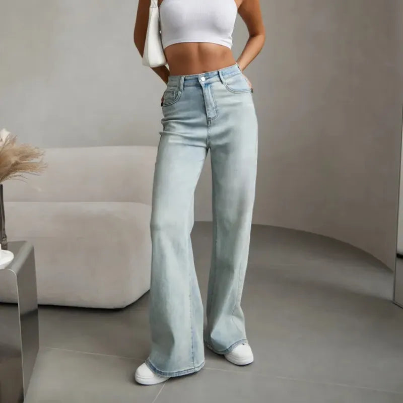 High Waist Stone Washed Light Blue High Stretch Loose Wide Leg Long Denim Jeans