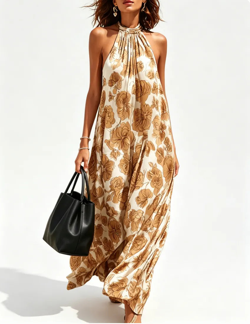 Halter Neck All Over Floral Print Loose Mid Waist Maxi Vacation Dress