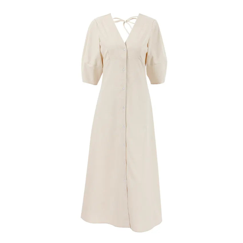 Solid V-Neck Bubble 3/4 Sleeve Single Breasted Back Tie A-Line Cotton Linen Maxi Dress