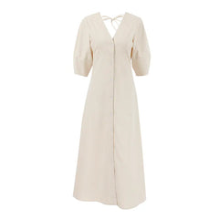 Solid V-Neck Bubble 3/4 Sleeve Single Breasted Back Tie A-Line Cotton Linen Maxi Dress