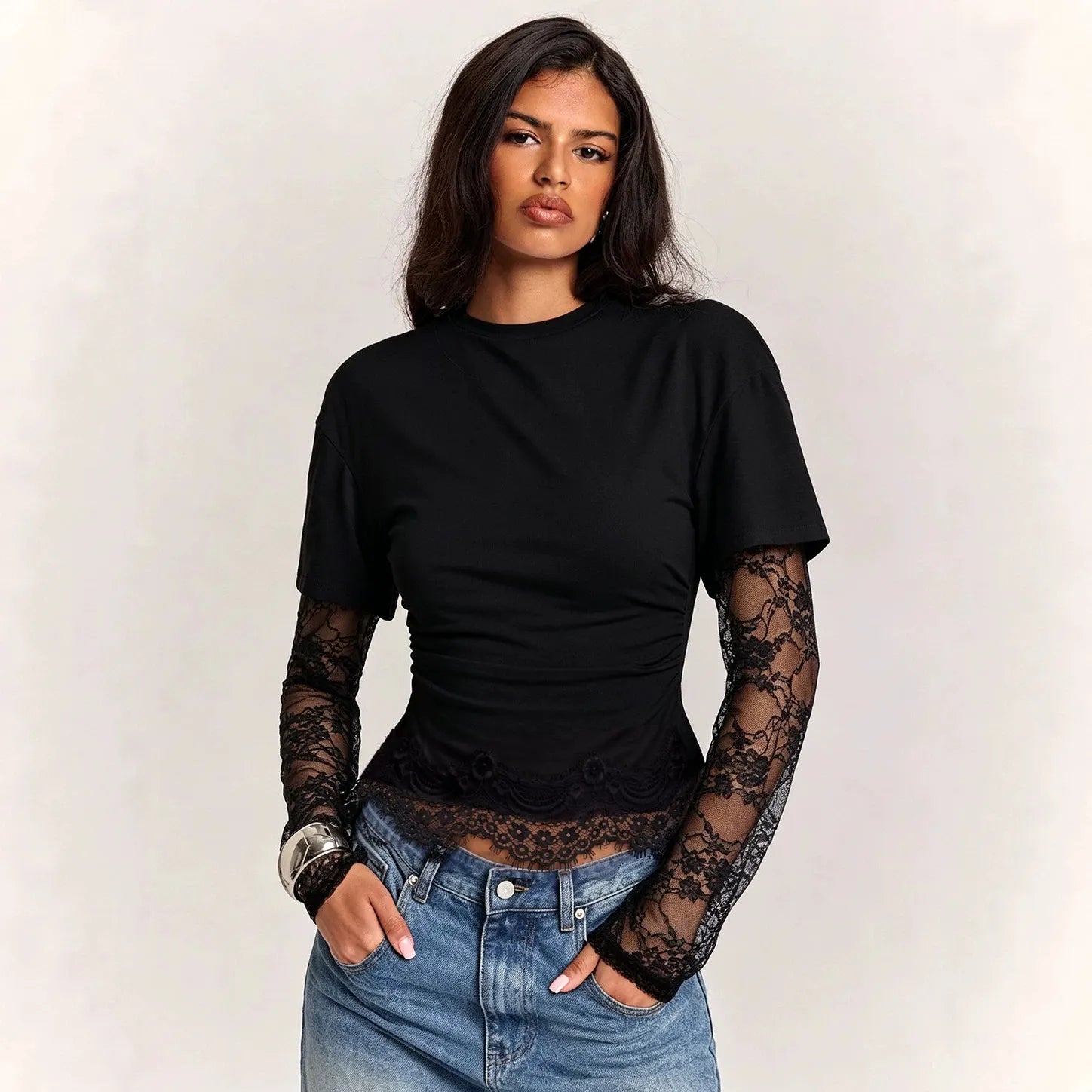 White Ruched T-Shirt with Attached Floral Lace Long Sleeves | Scalloped Lace Hem Mock Layered Crop Top