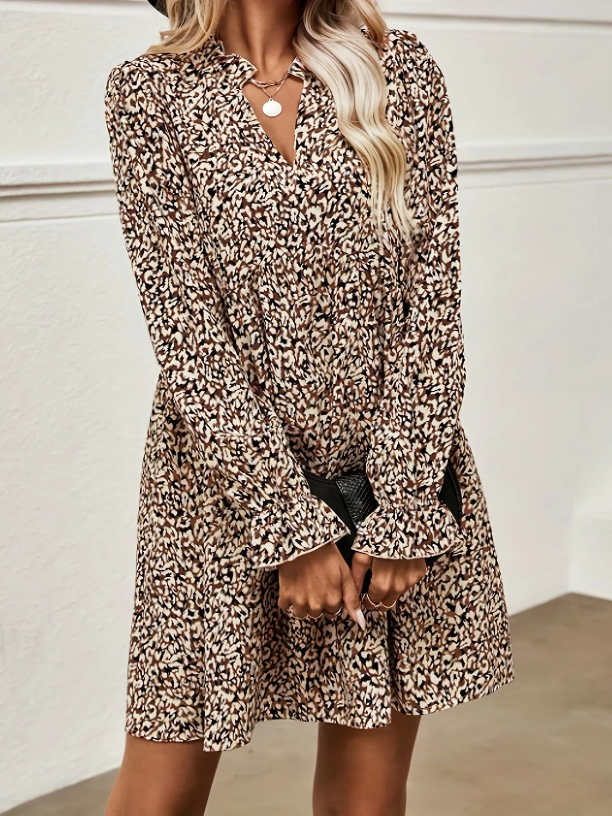 Abstract Print V Neck Long Sleeve Pleated A-Line Mini Dress