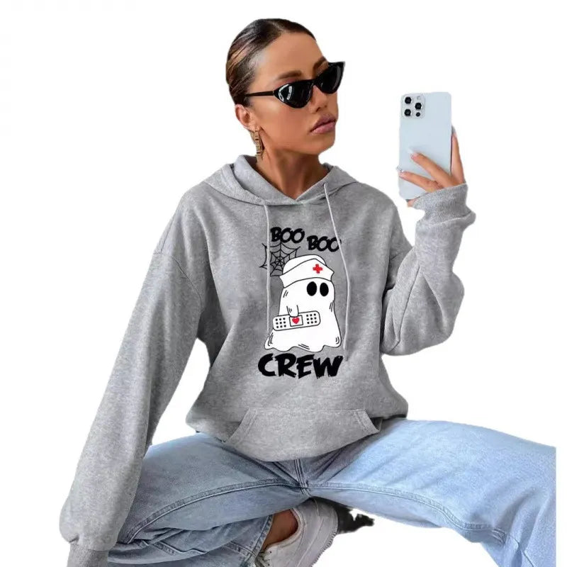 Halloween Nurse Ghost Print Hooded Sweatshirt