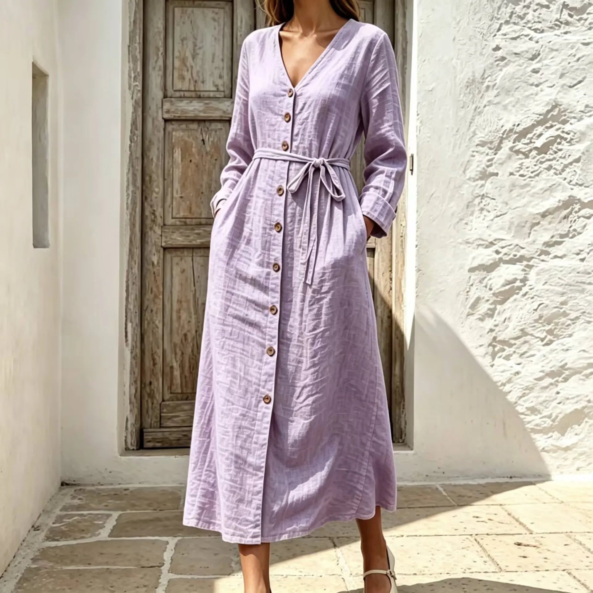 V Neck Long Sleeve Lace-Up Cotton Linen A-Line Maxi Dress
