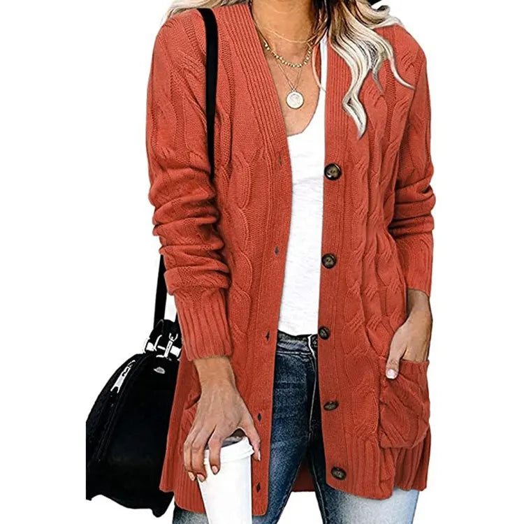 Casual Long Sleeve Cable Knit Cardigan Ladies Mid Length Open Front Button Sweater Jacket