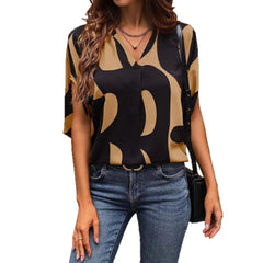Color Block V-Neck Batwing Sleeve Loose Casual T-Shirt
