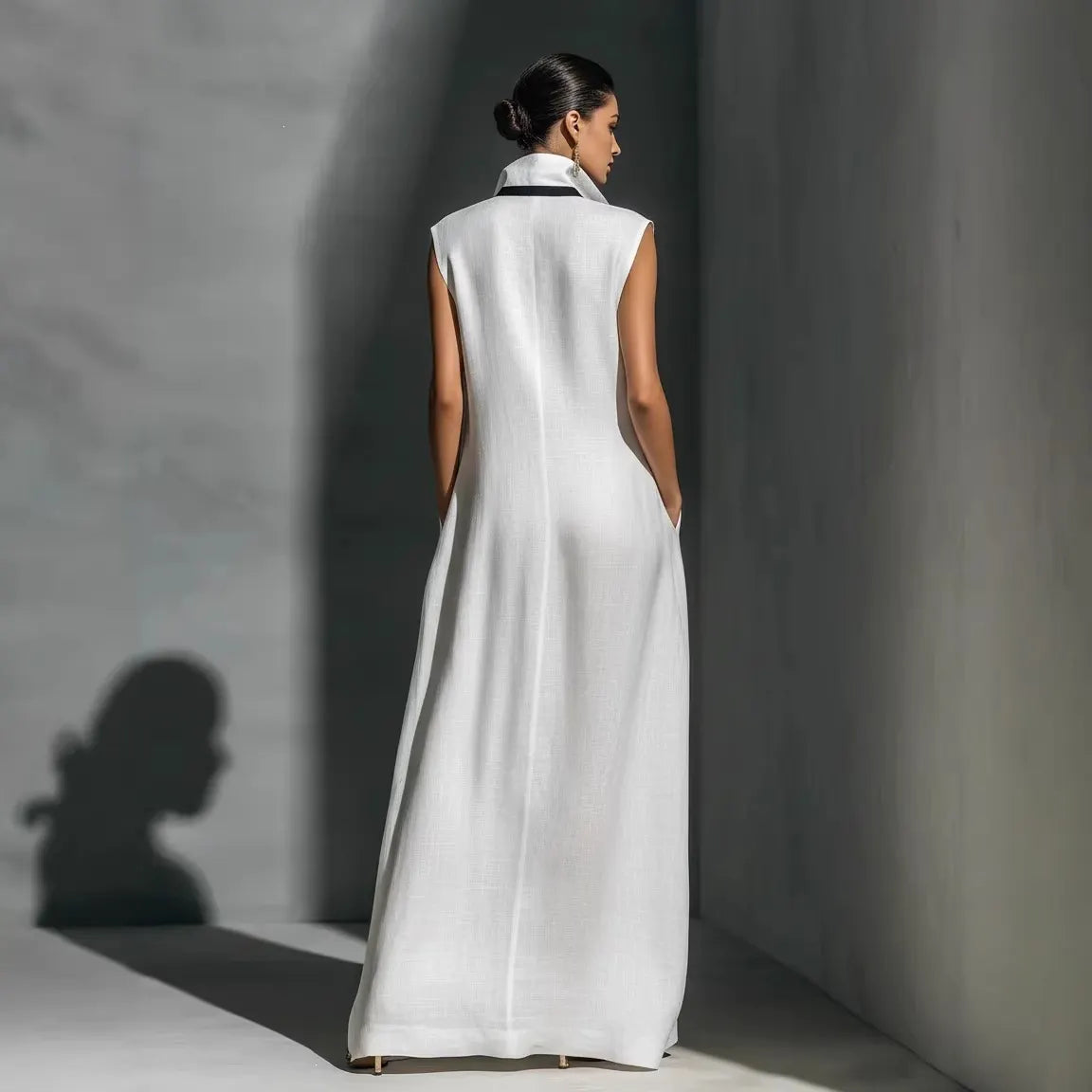 Contrast Piping Deep V-Neck Collared Sleeveless Loose Maxi Dress