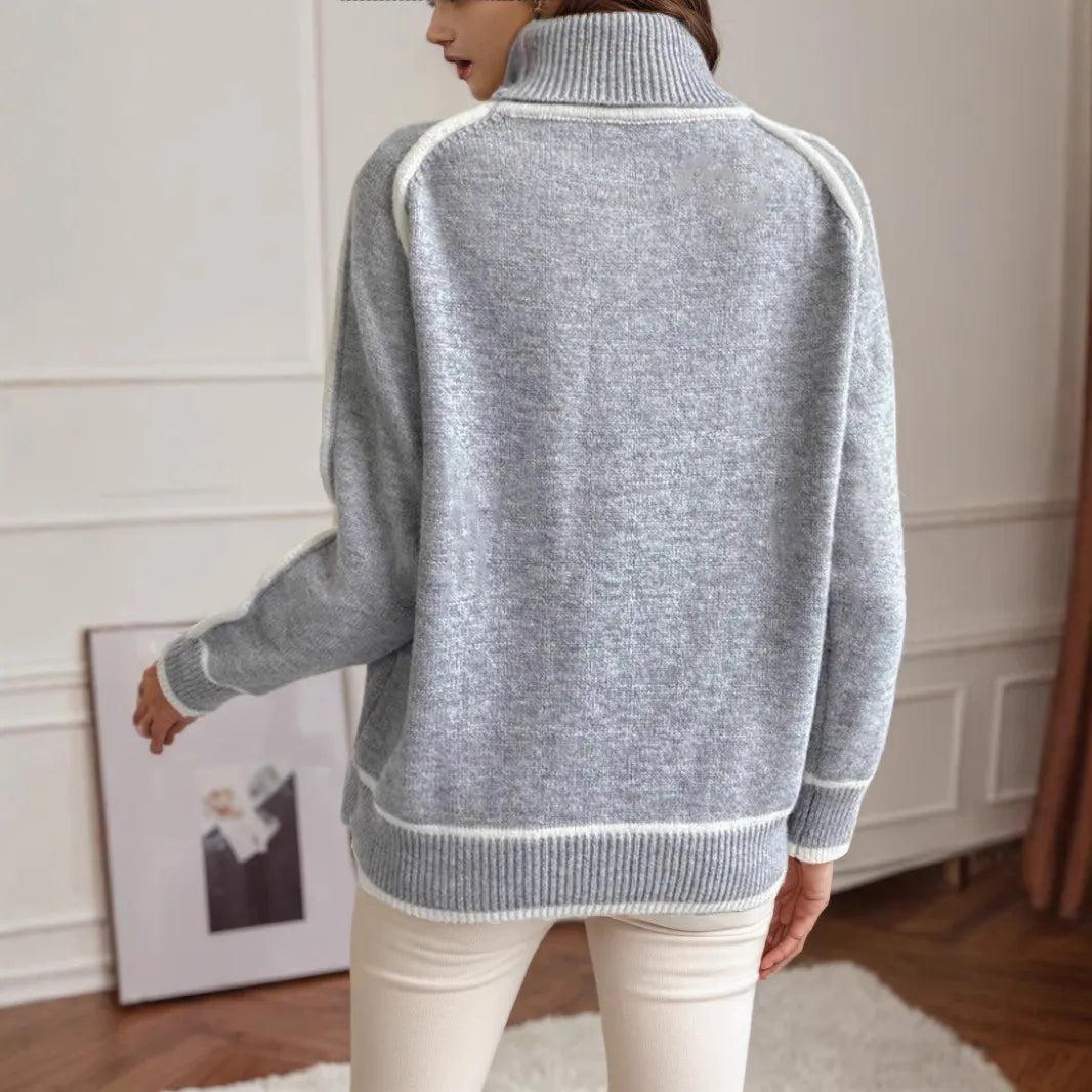 Contrast Trim Turtleneck Sweater, Ladies Raglan Sleeve Soft Knit Loose Fit Casual Pullover