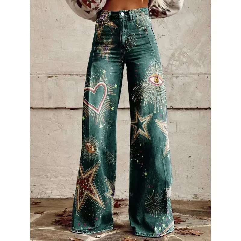 High Waist Western Cowboy Horse Print Wide Leg Pants