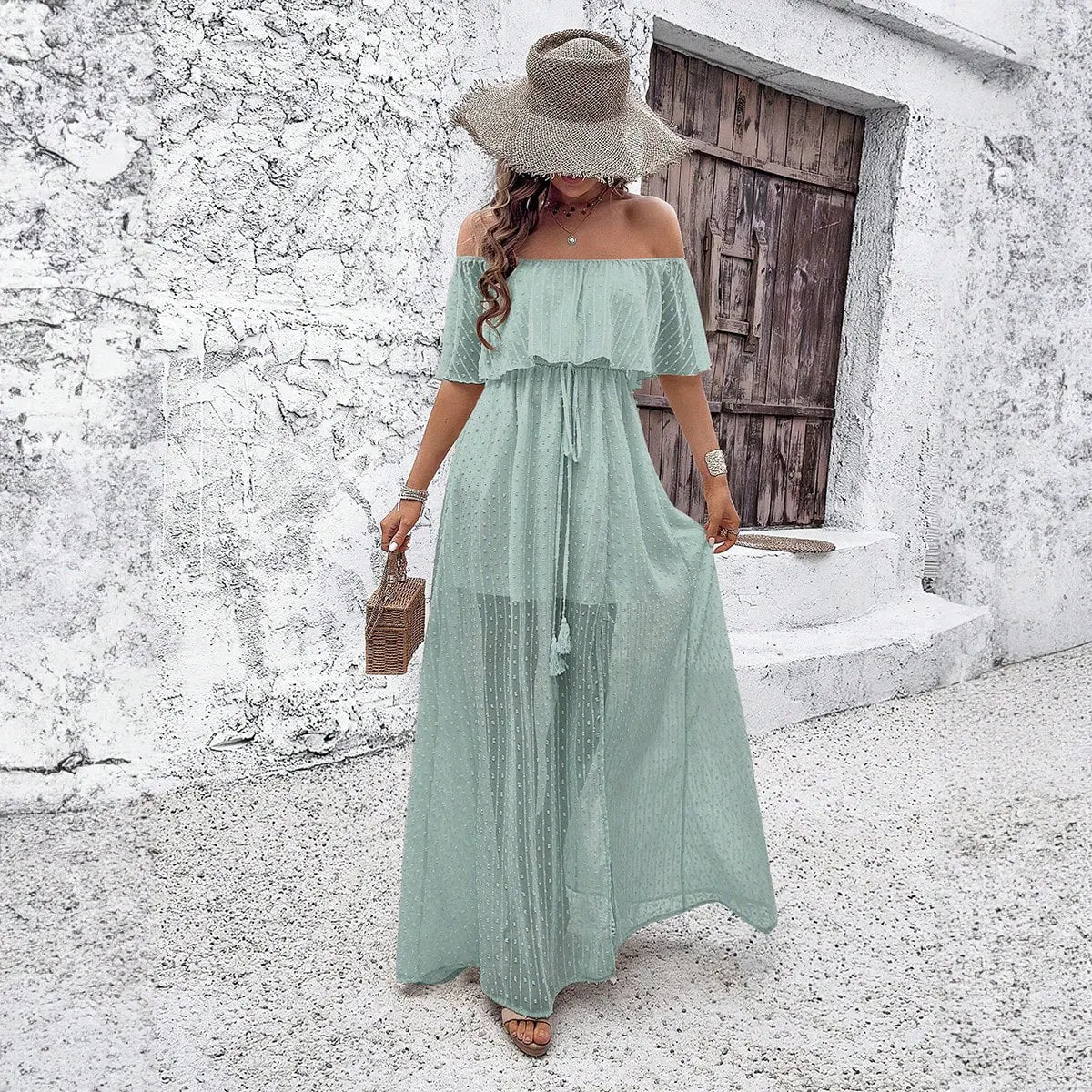 Off Shoulder Ruffle Swiss Dot Chiffon Maxi Dress