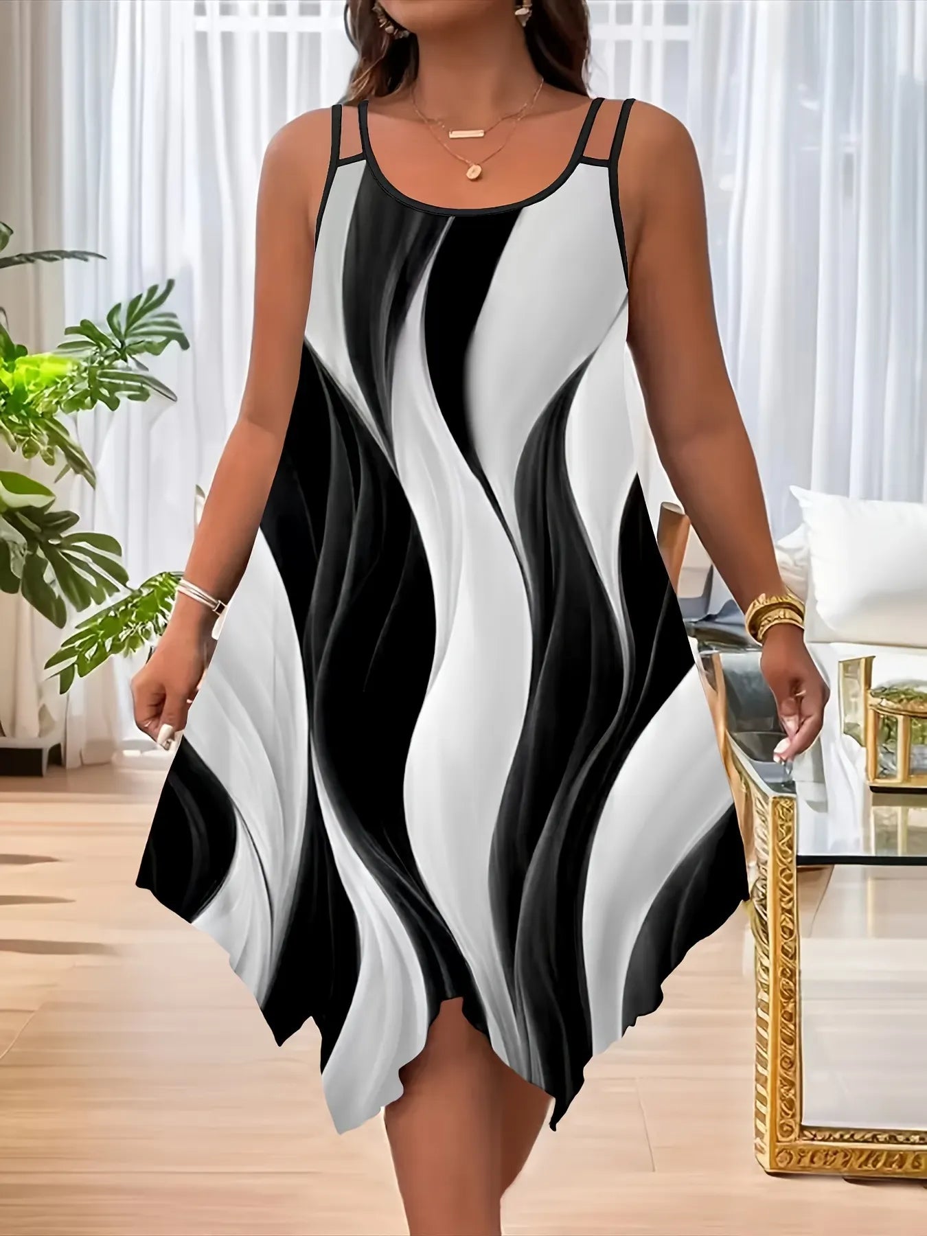 Wave Print Round Neck Double Spaghetti Strap Loose Irregular Hem Midi Dress