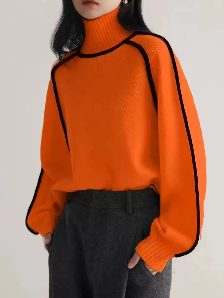 Contrast Trim High Neck Loose Pullover Sweater