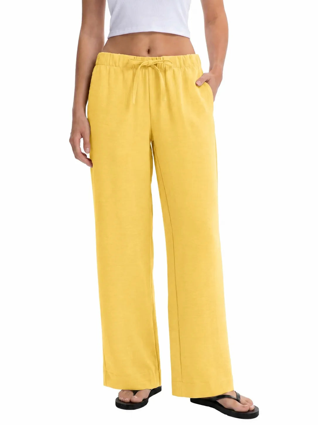 Drawstring Elastic Waist Wide Leg Casual Long Pants Solid Color Loose Trousers