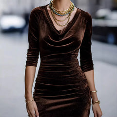 Solid Color Velvet Cowl Neck Ruched Bodycon Midi Dress