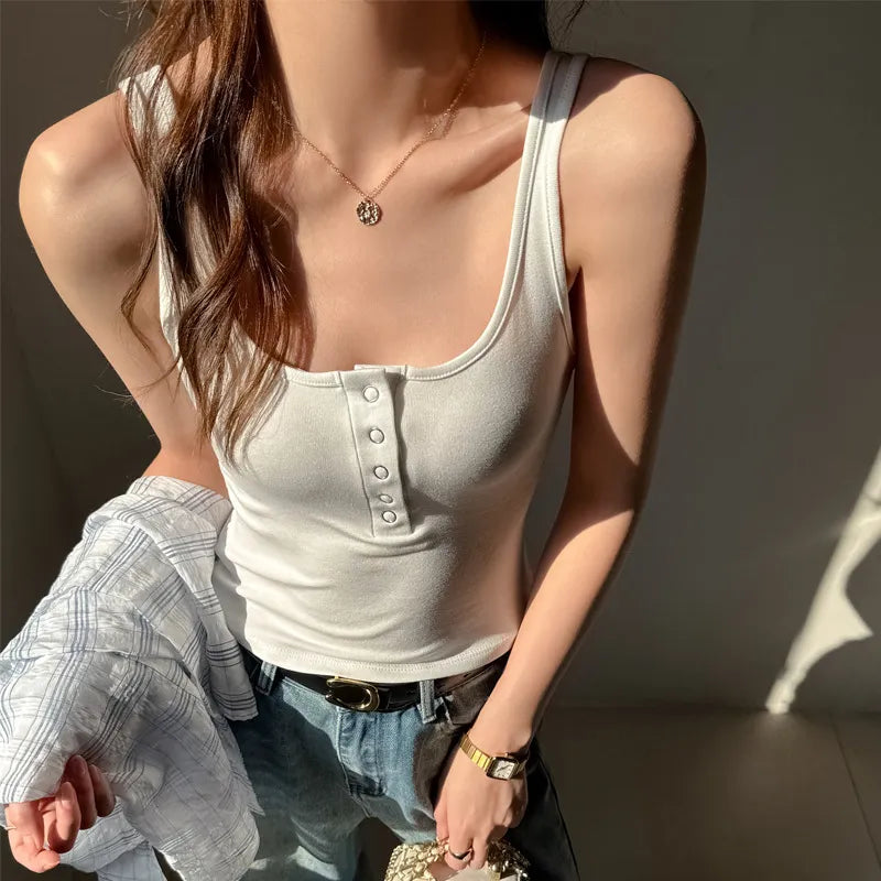 Square Neck Half Button Front Ribbed Fitted Tank Top