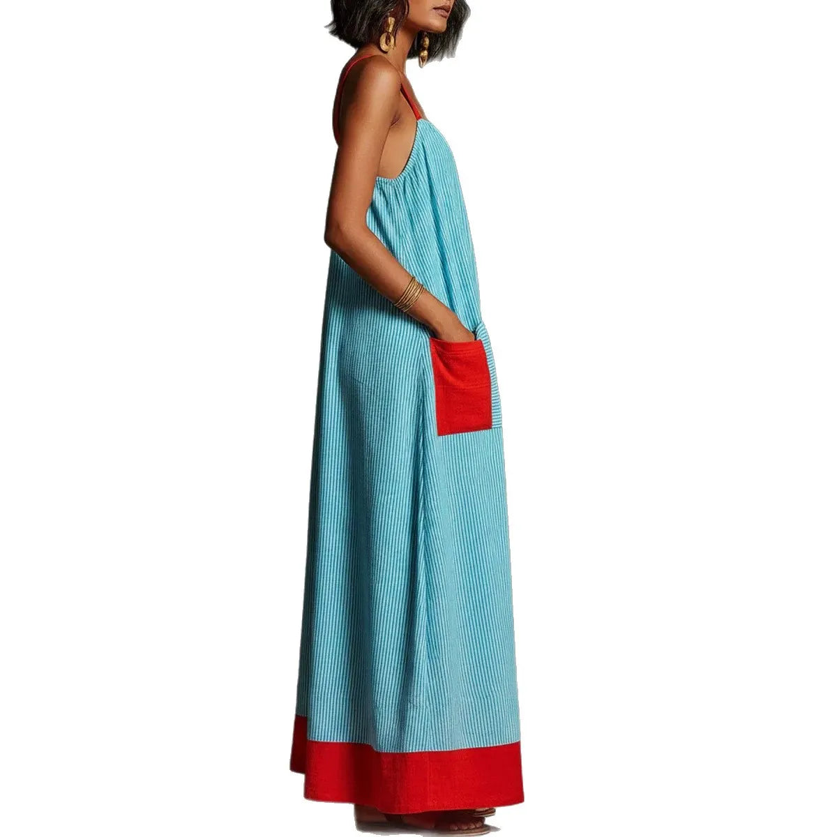 Stripe Color Block Pocket Sling Long Dress