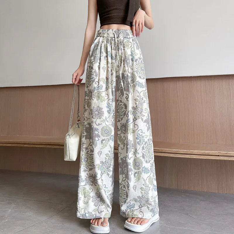 Vintage Floral Print Drawstring High Waist Micro Stretch Wide Leg Long Pants