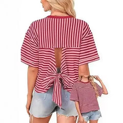 Crew Neck Horizontal Striped Loose Short Horn Sleeve Casual T-Shirt