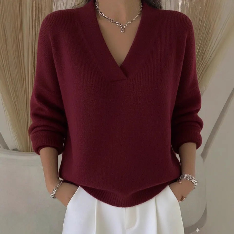 V Neck Solid Color Knit Pullover Sweater