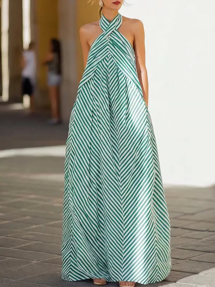 Striped Print Halter Backless Loose A-Line Floor-Length Maxi Dress