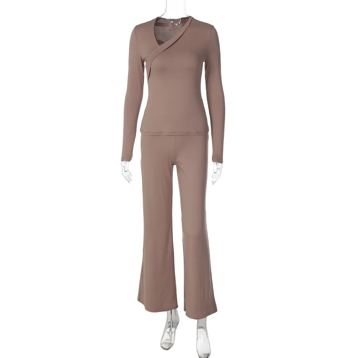2 Piece Outfit Set Asymmetrical Wrap Long Sleeve Top & Split Flare Pants