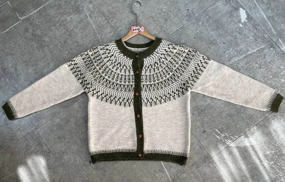 Nordic Geometric Pattern Knit Cardigan Round Neck Button Front Cozy Long Sleeve Sweater for Women