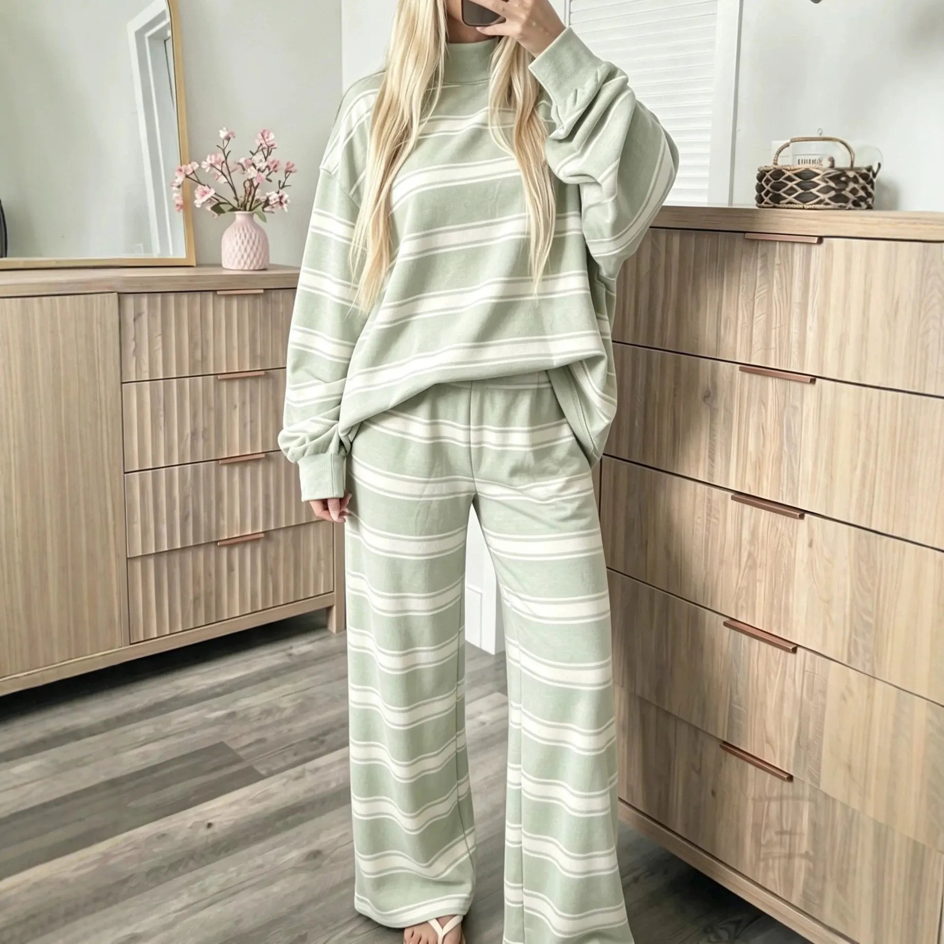 Casual Striped Matching Two Piece Set, Cozy Mock Neck Sweatshirt and Wide Leg Trousers