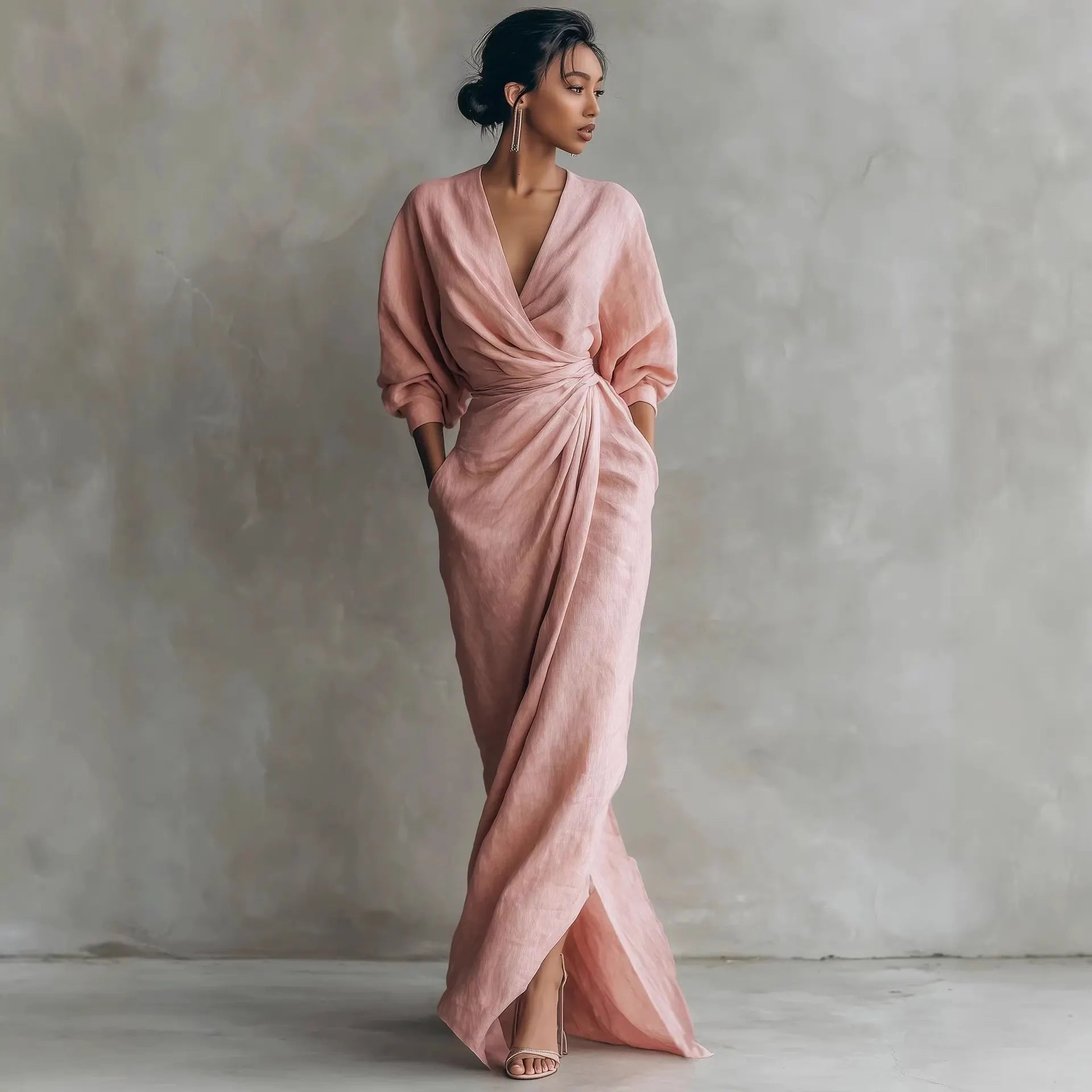 Wrap V Neck Long Sleeve Tie Waist Linen Maxi Dress