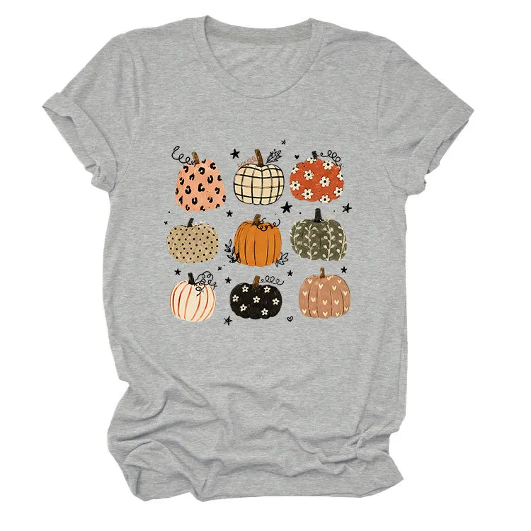 Leopard Floral Plaid Pumpkin Casual Short Sleeve Tee