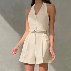 V-Neck Halter Button Crop Vest & Cuffed Pleated Shorts Two Piece Set