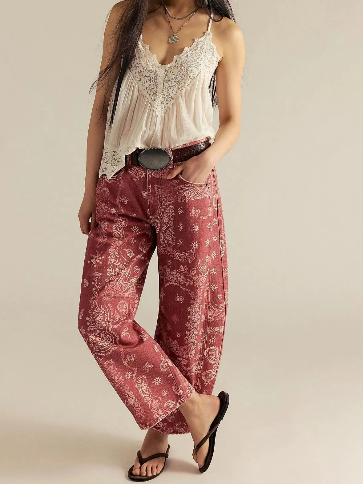 Mid‑Waist Striped Printed Loose Barrel Jeans