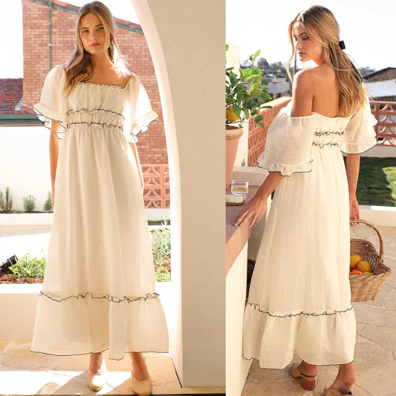 White Off Shoulder Maxi Dress with Black Ruffle Trim